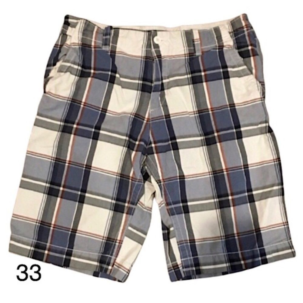 Mens Blue Plaid Longer Length Flat Front Shorts Size 33